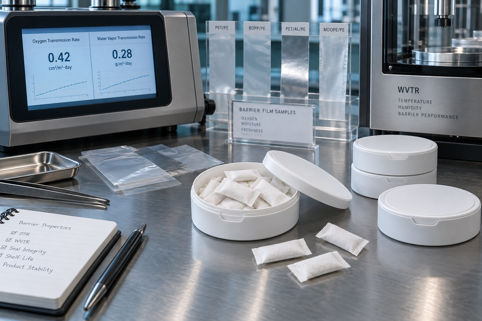 OTR and WVTR packaging barrier testing with realistic slim nootropic pouches and round cans