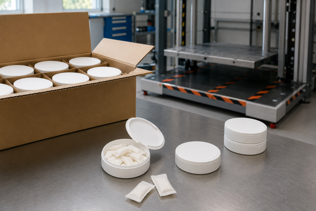 Nootropic pouch shipping carton drop test with realistic slim oral pouches and low-profile round cans
