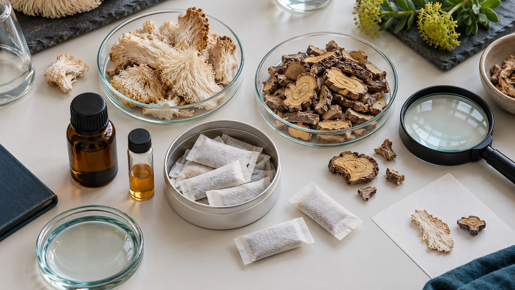 Conceptual sourcing still life with lion’s mane, sliced botanical roots, sample vials and unbranded oral pouches