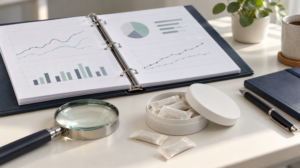 Conceptual evidence review desk with blank study charts, magnifier and unbranded oral pouches