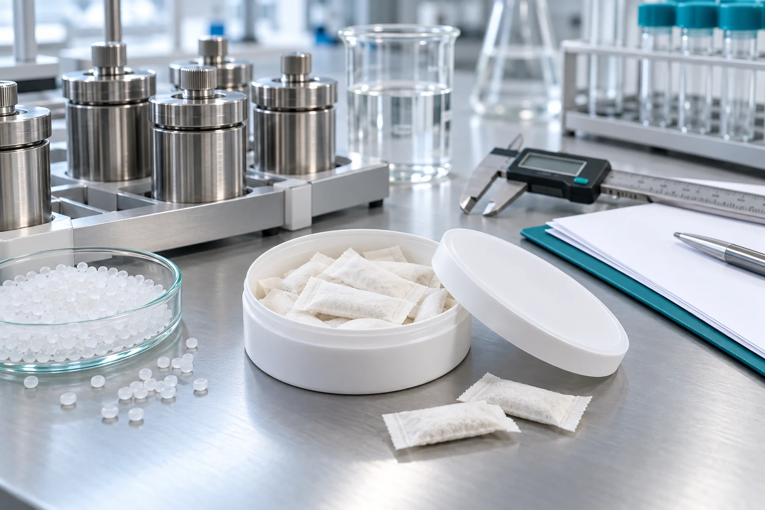 Laboratory review of a realistic plastic nootropic pouch can, resin pellets and migration test equipment