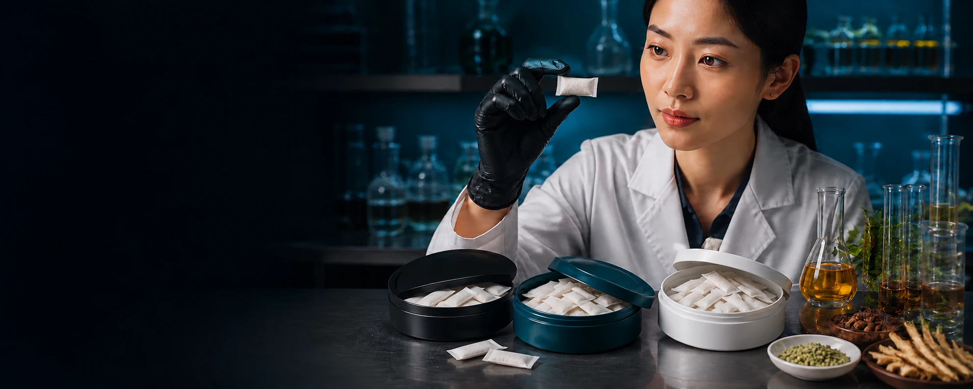 OEM formula review with realistic slim oral pouches; illustration, not a production photograph