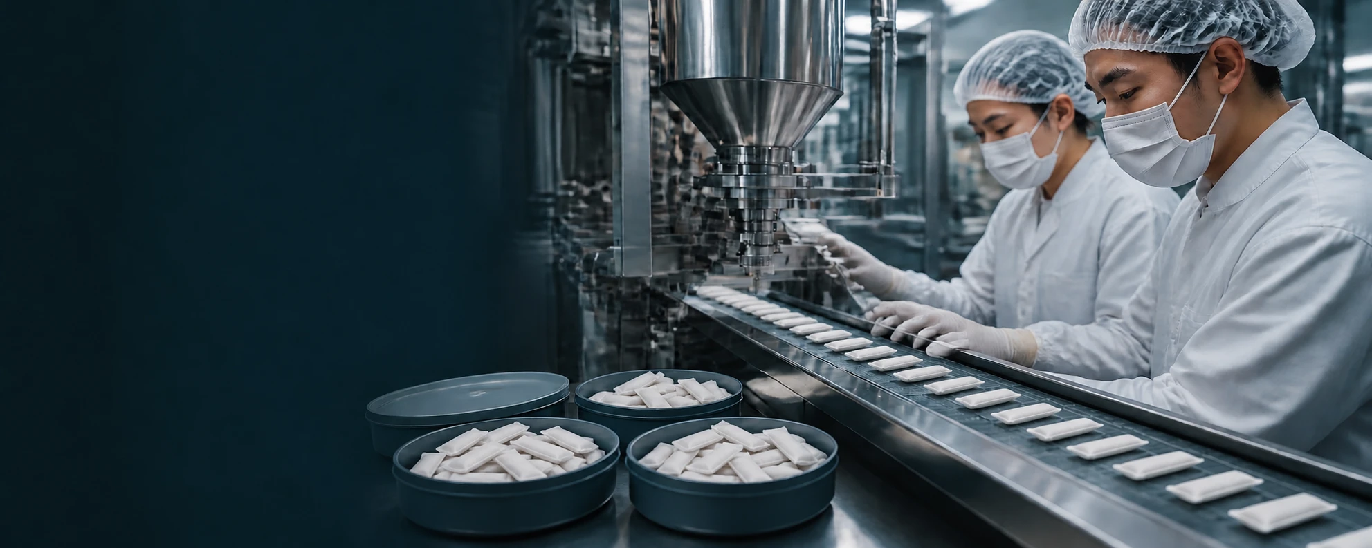 Slim oral pouches on an automated production line; illustration, not a production photograph