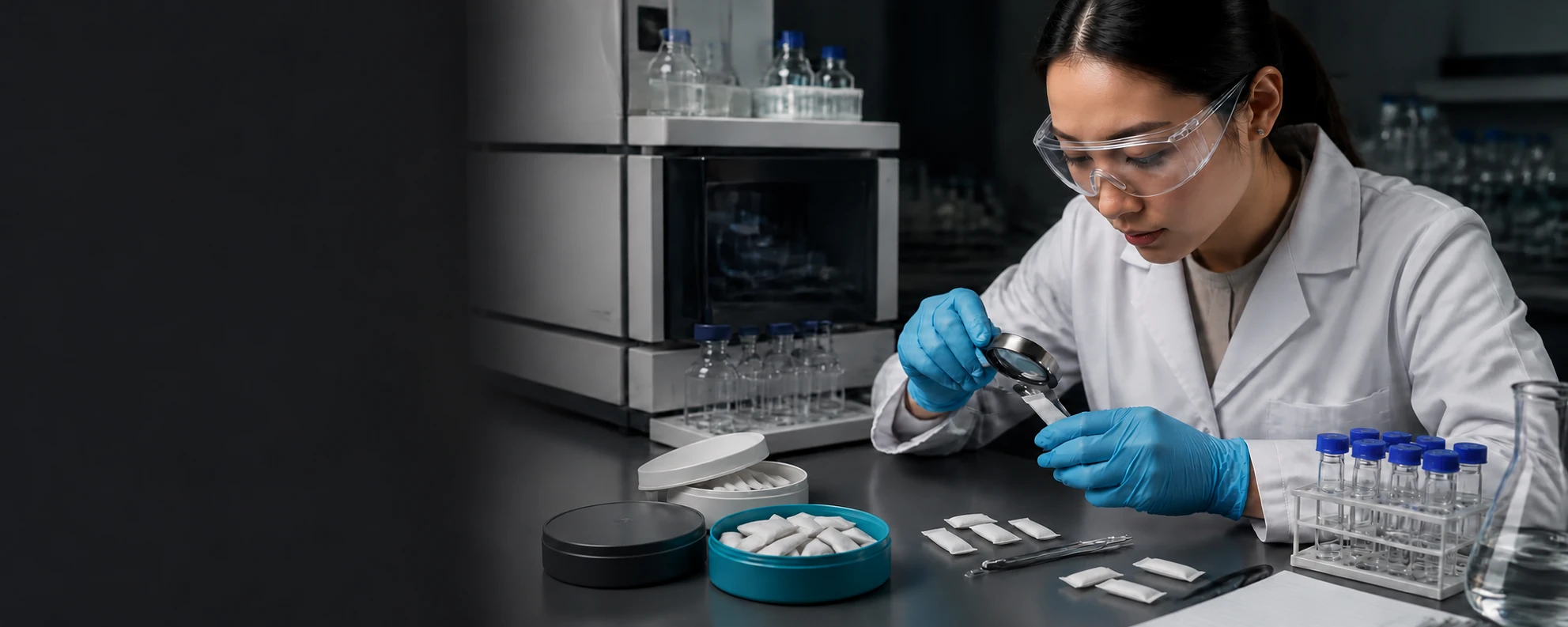 Quality inspection of small oral pouches; illustration, not a production photograph