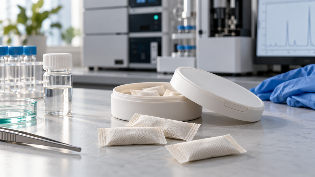Conceptual laboratory scene with unbranded slim oral pouches, a plain can and analytical sample vials