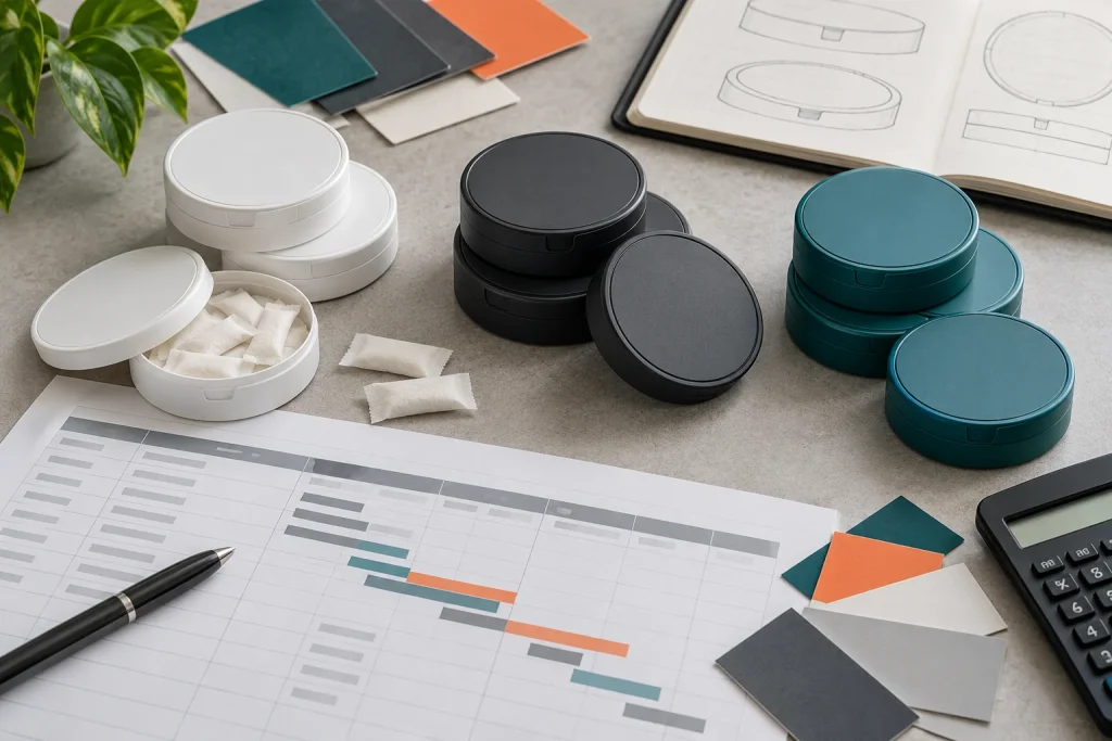 Three realistic nootropic pouch can SKU groups arranged for MOQ and launch planning