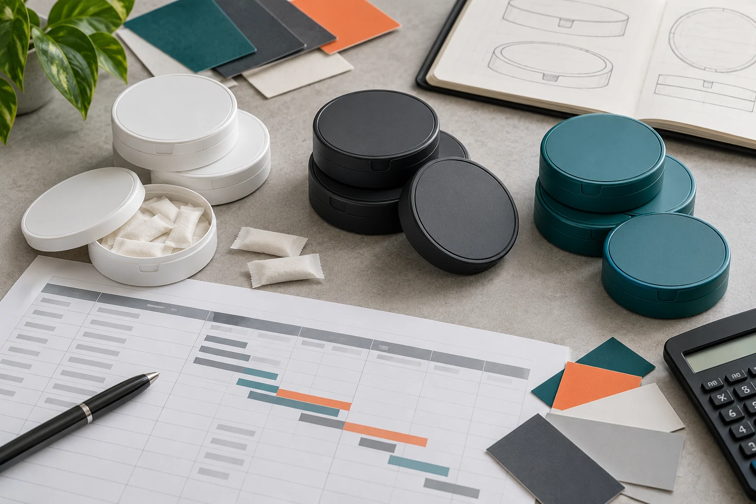 Three realistic nootropic pouch can SKU groups arranged for MOQ and launch planning