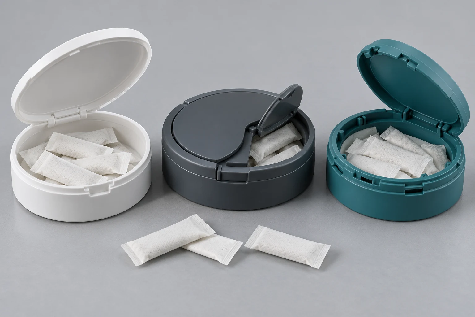 Three realistic oral pouch cans showing different flip-top and multi-opening closure structures