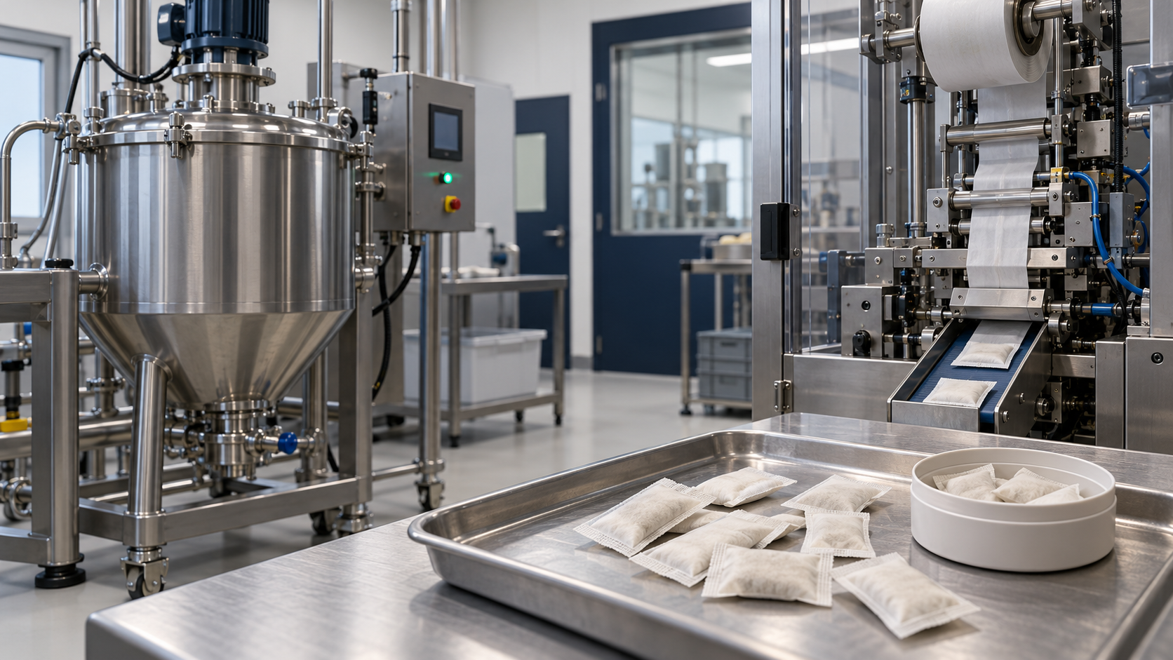 Conceptual controlled-production scene with stainless mixing and pouch-sealing equipment and unbranded slim oral pouches